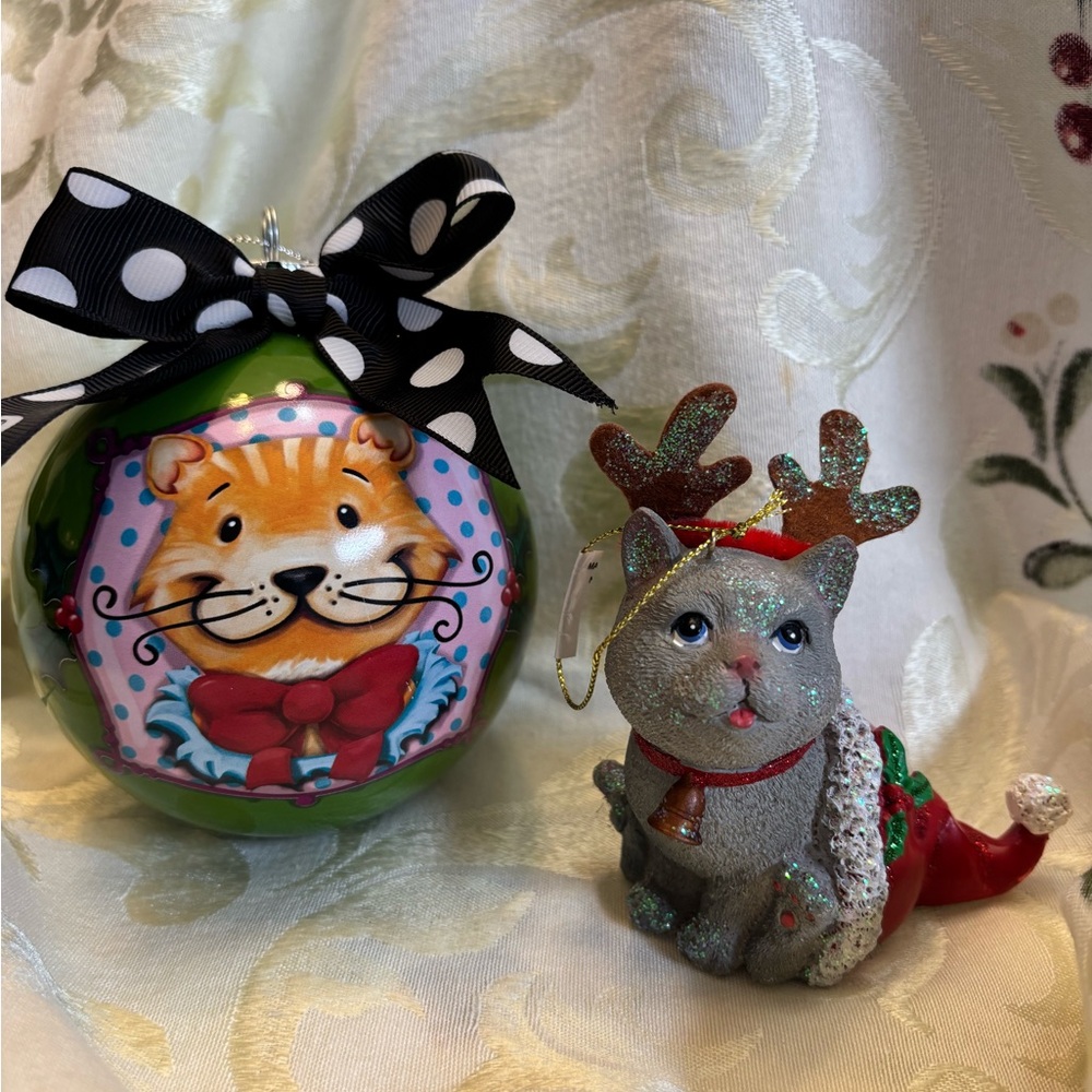 The cutest Festive Cat Ornament with Bow and Cat Ornament. Old stock
